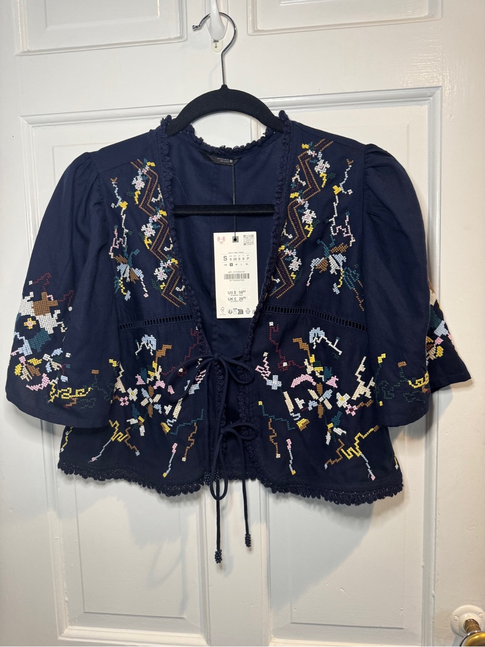 Zara Navy Embroidered Tie-Front Cropped Blouse